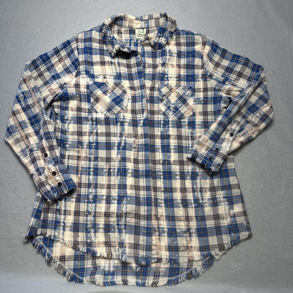 Jaded Gypsy Bleached Plaid Flannel Shirt Distressed Frayed Raw Hem Boho S/M